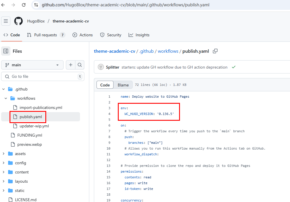 用hugo blox academic cv主题时注意指定的 hugo 版本 0.136.5， 用最新的版本如147可能编不过